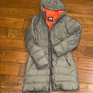 The north face mid thigh length, grey puffer coat